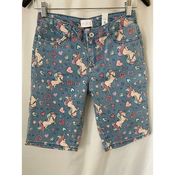 Place Other - Place Girls Medium Wash Colorful Unicorn Graffiti Print Denim Jean Shorts